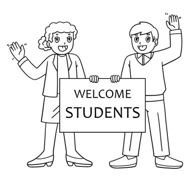 Hoş geldin tabelası olan sevimli ve komik bir öğretmen sayfası. Çocuklar için saatlerce boyama eğlencesi sağlıyor. Bu sayfayı boyamak çok kolaydır. Küçük çocuklar ve yeni yürümeye başlayanlar için uygun..