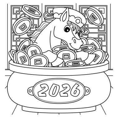 At Yılı 2026 'nın sevimli ve komik renkli bir sayfası. Çin sikkeleriyle. Çocuklar için saatlerce boyama eğlencesi sağlıyor. Bu sayfayı boyamak çok kolaydır. Küçük çocuklar ve yeni yürümeye başlayanlar için uygun..