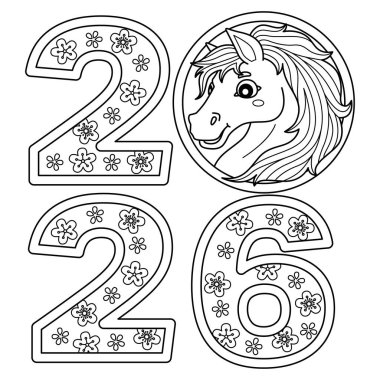 At Yılı 2026 'nın sevimli ve komik renkli sayfası. Çocuklar için saatlerce boyama eğlencesi sağlıyor. Bu sayfayı boyamak çok kolaydır. Küçük çocuklar ve yeni yürümeye başlayanlar için uygun.. 