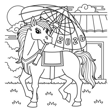 Bir Şemsiye Tutan At Yılı 'nın sevimli ve komik renkli sayfası. Çocuklar için saatlerce boyama eğlencesi sağlıyor. Bu sayfayı boyamak çok kolaydır. Küçük çocuklar ve yeni yürümeye başlayanlar için uygun..
