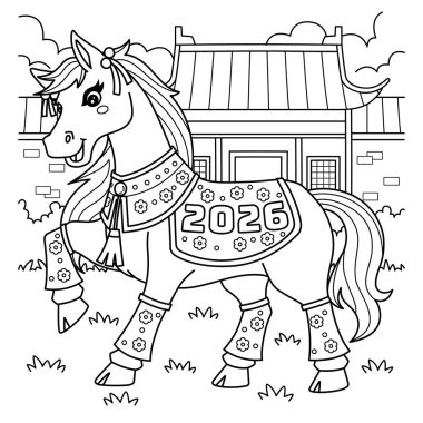 Çin Elbiseli At Yılı 'nın sevimli ve komik renkli bir sayfası. Çocuklar için saatlerce boyama eğlencesi sağlıyor. Bu sayfayı boyamak çok kolaydır. Küçük çocuklar ve yeni yürümeye başlayanlar için uygun..