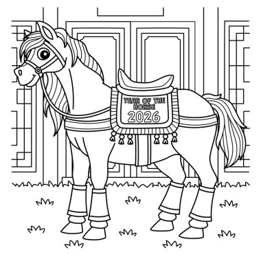 At Yılı 2026 'nın şirin ve komik renkli sayfası ve eyeri. Çocuklar için saatlerce boyama eğlencesi sağlıyor. Bu sayfayı boyamak çok kolaydır. Küçük çocuklar ve yeni yürümeye başlayanlar için uygun..