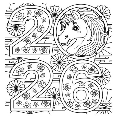 At Yılı 2026 'nın sevimli ve komik renkli sayfası. Çocuklar için saatlerce boyama eğlencesi sağlıyor. Bu sayfayı boyamak çok kolaydır. Küçük çocuklar ve yeni yürümeye başlayanlar için uygun..