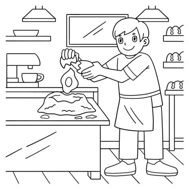 Una yumurta kıran bir erkek fırıncının sevimli ve komik renkli sayfası. Çocuklar için saatlerce boyama eğlencesi sağlıyor. Bu sayfayı boyamak çok kolaydır. Küçük çocuklar ve yeni yürümeye başlayanlar için uygun.. 