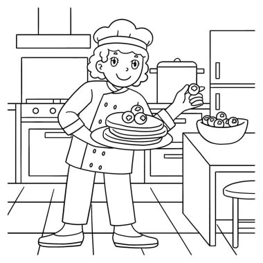 Yaban mersinli krep yapan kadın şefin sevimli ve komik renkli sayfası. Çocuklar için saatlerce boyama eğlencesi sağlıyor. Bu sayfayı boyamak çok kolaydır. Küçük çocuklar ve yeni yürümeye başlayanlar için uygun..