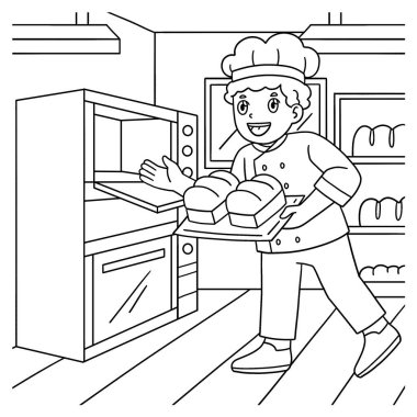 Erkek fırıncının fırına hamur işi koyduğu sevimli ve komik bir renkli sayfa. Çocuklar için saatlerce boyama eğlencesi sağlıyor. Bu sayfayı boyamak çok kolaydır. Küçük çocuklar ve yeni yürümeye başlayanlar için uygun.. 