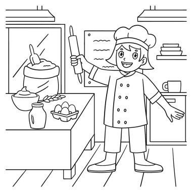 Pasta malzemeleri olan bir fırıncının sevimli ve komik renkli sayfası. Çocuklar için saatlerce boyama eğlencesi sağlıyor. Bu sayfayı boyamak çok kolaydır. Küçük çocuklar ve yeni yürümeye başlayanlar için uygun.. 