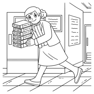 Kitapları taşıyan bir bayan öğretmenin sevimli ve komik renkli sayfası. Çocuklar için saatlerce boyama eğlencesi sağlıyor. Bu sayfayı boyamak çok kolaydır. Küçük çocuklar ve yeni yürümeye başlayanlar için uygun..