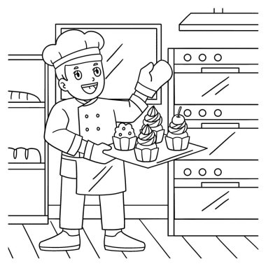 Cupcake 'li bir erkek fırıncının sevimli ve komik renkli sayfası. Çocuklar için saatlerce boyama eğlencesi sağlıyor. Bu sayfayı boyamak çok kolaydır. Küçük çocuklar ve yeni yürümeye başlayanlar için uygun.. 