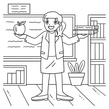 Elmalı ve kitaplı bir bayan öğretmenin sevimli ve komik renkli sayfası. Çocuklar için saatlerce boyama eğlencesi sağlıyor. Bu sayfayı boyamak çok kolaydır. Küçük çocuklar ve yeni yürümeye başlayanlar için uygun..