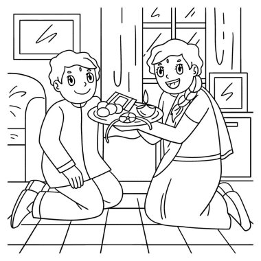 Raksha Bandhan Sister 'ın Aarti' yi canlandırdığı sevimli ve komik renkli bir sayfa. Çocuklar için saatlerce boyama eğlencesi sağlıyor. Bu sayfayı boyamak çok kolaydır. Küçük çocuklar ve yeni yürümeye başlayanlar için uygun.. 