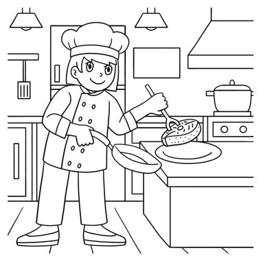 Bayan bir şefin tabağa yemek aktardığı sevimli ve komik renkli bir sayfa. Çocuklar için saatlerce boyama eğlencesi sağlıyor. Bu sayfayı boyamak çok kolaydır. Küçük çocuklar ve yeni yürümeye başlayanlar için uygun..