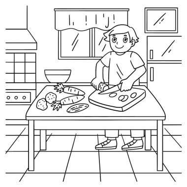 Sebze doğrayan şefin sevimli ve komik renkli sayfası. Çocuklar için saatlerce boyama eğlencesi sağlıyor. Bu sayfayı boyamak çok kolaydır. Küçük çocuklar ve yeni yürümeye başlayanlar için uygun..