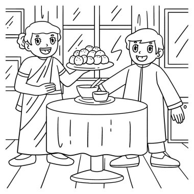 Masada yemek olan Raksha Bandhan 'ın şirin ve komik renkli bir sayfası. Çocuklar için saatlerce boyama eğlencesi sağlıyor. Bu sayfayı boyamak çok kolaydır. Küçük çocuklar ve yeni yürümeye başlayanlar için uygun.. 