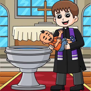 Bu karikatür klipinde rahip resimli bir Vaftiz Bebeği var..