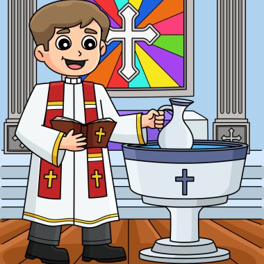 Bu karikatür klibinde rahibin resmedildiği bir vaftiz var..