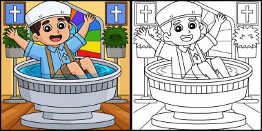 Bu boyama sayfası Vaftiz Yazı Tipi 'ndeki bir bebeği gösteriyor. Bu illüstrasyonun bir tarafı renkli ve çocuklar için bir ilham kaynağı.. 