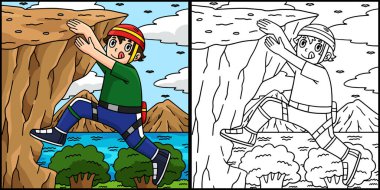 Bu boyama sayfasında Ledge 'e ulaşan bir kaya çocuğu gösteriyor. Bu illüstrasyonun bir tarafı renkli ve çocuklar için bir ilham kaynağı..