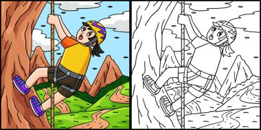 Bu boyama sayfası tırmanmadan aşağıya bakan kayalık bir kızı gösteriyor. Bu illüstrasyonun bir tarafı renkli ve çocuklar için bir ilham kaynağı..
