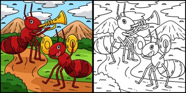 Bu renklendirme sayfası Karıncalar Çalıyor Enstrümanlarını gösterir. Bu illüstrasyonun bir tarafı renkli ve çocuklar için bir ilham kaynağı..