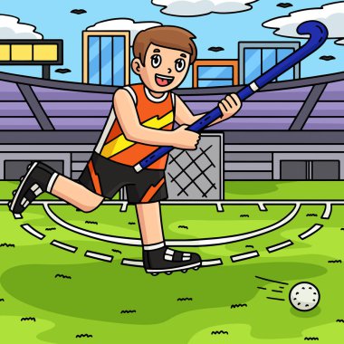 Bu karikatür klipinde bir saha hokeyi oyuncusu topu kovalarken görülüyor..