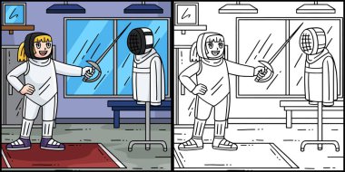 Bu boyama sayfasında Eskrim yapan bir kadın eskrimci var. Bu illüstrasyonun bir tarafı renkli ve çocuklar için bir ilham kaynağı..