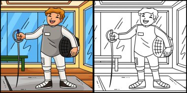 Bu boyama sayfasında Sabre ve Miğferli Eskrim Eskrimcisi var. Bu illüstrasyonun bir tarafı renkli ve çocuklar için bir ilham kaynağı..