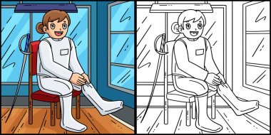 Bu boyama sayfasında, takım elbiseli eskrimci bir kadın var. Bu illüstrasyonun bir tarafı renkli ve çocuklar için bir ilham kaynağı..