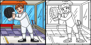 Bu boyama sayfasında bir eskrim ustası maske takıyor. Bu illüstrasyonun bir tarafı renkli ve çocuklar için bir ilham kaynağı..