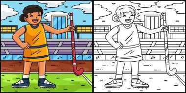 Bu renklendirme sayfası bir Field Hockey Kadın Oyuncusunun Sopa Tutuşunu gösteriyor. Bu illüstrasyonun bir tarafı renkli ve çocuklar için bir ilham kaynağı..