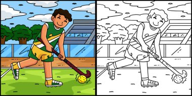 Bu boyama sayfası topu yöneten bir erkek oyuncuyu gösteriyor. Bu illüstrasyonun bir tarafı renkli ve çocuklar için bir ilham kaynağı..