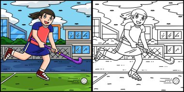 Bu renkli sayfa bir çim hokeyi oyuncusunun top kovalamasını gösteriyor. Bu illüstrasyonun bir tarafı renkli ve çocuklar için bir ilham kaynağı..