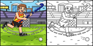 Bu boyama sayfası, bir Field Hockey Erkek Oyuncusunun topu kovalamasını gösteriyor. Bu illüstrasyonun bir tarafı renkli ve çocuklar için bir ilham kaynağı..