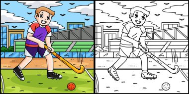 Bu renkli sayfa, topa vurmaya hazır bir hokey oyuncusunu gösteriyor. Bu illüstrasyonun bir tarafı renkli ve çocuklar için bir ilham kaynağı..