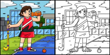 Bu boyama sayfası bir bayan hokey oyuncusu su molasını gösteriyor. Bu illüstrasyonun bir tarafı renkli ve çocuklar için bir ilham kaynağı..