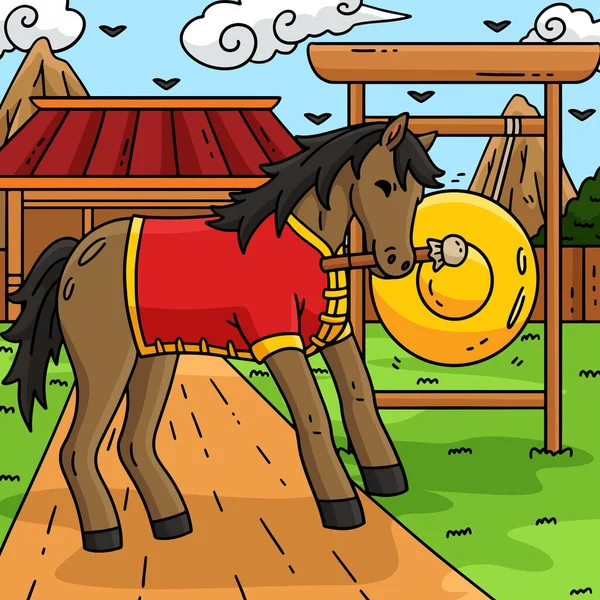 Bu karikatür, Gong illüstrasyonlu bir At Yılı 'nı gösteriyor..