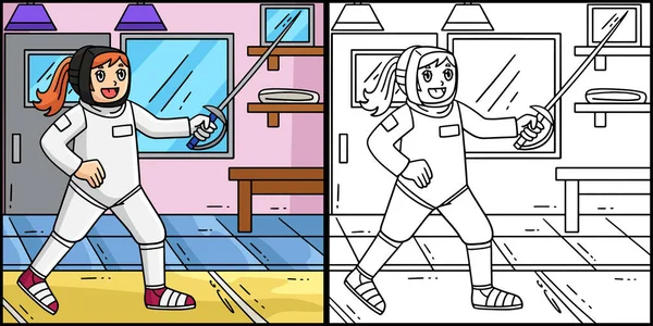 Bu boyama sayfasında kılıçlı eskrimci bir kadın var. Bu illüstrasyonun bir tarafı renkli ve çocuklar için bir ilham kaynağı..