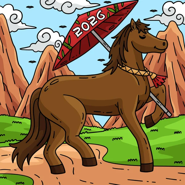 Bu karikatür, At 2026 Yağ Kağıt Şemsiyesi illüstrasyonunu gösteriyor..