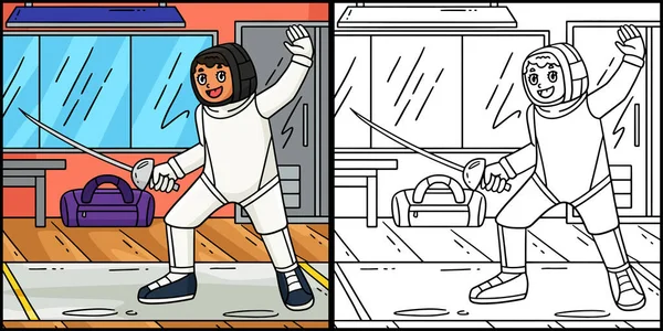 Bu boyama sayfasında Eskrimci Kadın Eskrimci En Garde pozisyonu var. Bu illüstrasyonun bir tarafı renkli ve çocuklar için bir ilham kaynağı..