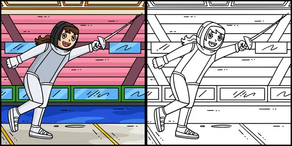 Bu boyama sayfasında Eskrim Eskrimi yapan bir eskrimci var. Bu illüstrasyonun bir tarafı renkli ve çocuklar için bir ilham kaynağı..