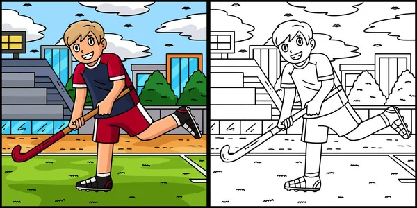 Bu renklendirme sayfası, elinde sopayla koşan bir erkek hokey oyuncusunu gösteriyor. Bu illüstrasyonun bir tarafı renkli ve çocuklar için bir ilham kaynağı..