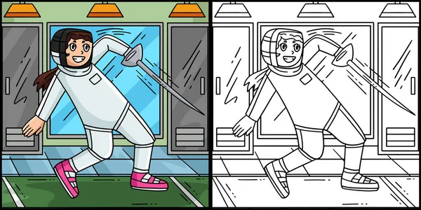 Bu renklendirme sayfasında bir kadın eskrim sporcusu var. Bu illüstrasyonun bir tarafı renkli ve çocuklar için bir ilham kaynağı..