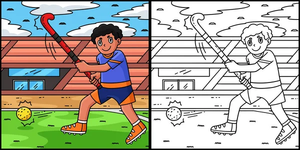 Bu renkli sayfa, topa vuran bir hokey oyuncusunu gösteriyor. Bu illüstrasyonun bir tarafı renkli ve çocuklar için bir ilham kaynağı..