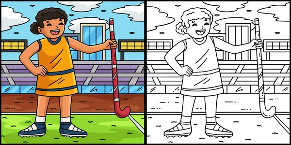 Bu renklendirme sayfası bir Field Hockey Kadın Oyuncusunun Sopa Tutuşunu gösteriyor. Bu illüstrasyonun bir tarafı renkli ve çocuklar için bir ilham kaynağı..