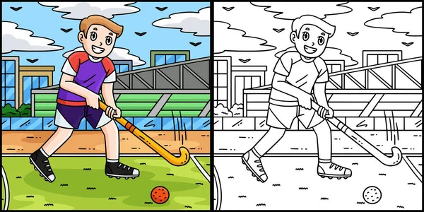 Bu renkli sayfa, topa vurmaya hazır bir hokey oyuncusunu gösteriyor. Bu illüstrasyonun bir tarafı renkli ve çocuklar için bir ilham kaynağı..