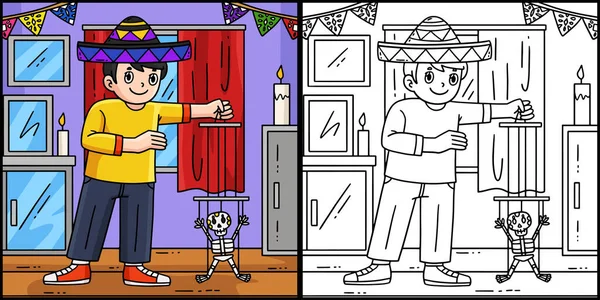 Bu renkli sayfa Dia de los Muertos Boy İskelet Kuklalar 'ı gösteriyor. Bu illüstrasyonun bir tarafı renkli ve çocuklar için bir ilham kaynağı..