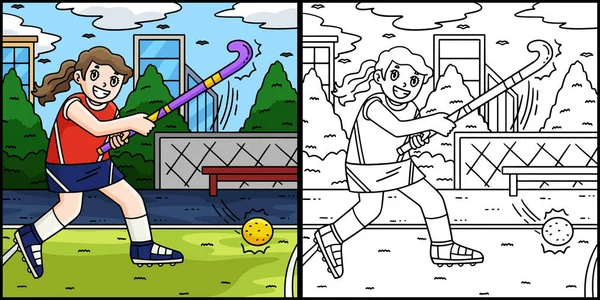Bu renkli sayfa, topa vuran bayan bir hokey oyuncusunu gösteriyor. Bu illüstrasyonun bir tarafı renkli ve çocuklar için bir ilham kaynağı..