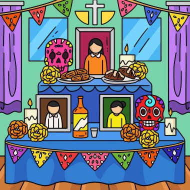 Bu karikatür, Dia de los Muertos Ofrenda illüstrasyonunu gösteriyor.
