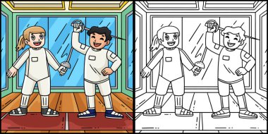 Bu boyama sayfasında eskrim yapan bir erkek ve kadın var. Bu illüstrasyonun bir tarafı renkli ve çocuklar için bir ilham kaynağı..