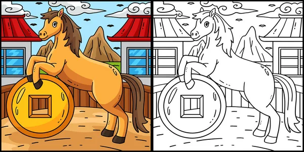 Bu renklendirme sayfasında At 2026 ve Şans Madeni Yılı var. Bu illüstrasyonun bir tarafı renkli ve çocuklar için bir ilham kaynağı..